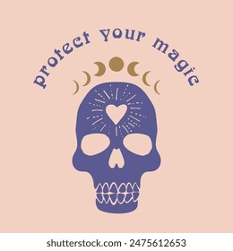 Mystical quote Protect your Magic with skull and moon phases illustration. Spiritual social media post template