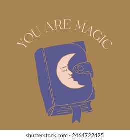 Mystical quote You Are Magic with hand drawn doodle grimoire book. Spiritual social media post template