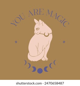 Mystical quote You Are Magic with white cat and moon phases illustration. Spiritual social media post template