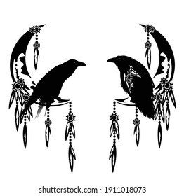 mystical raven bird and moon crescent decorated with tribal ornament - esoteric spiritual black and white vector design set