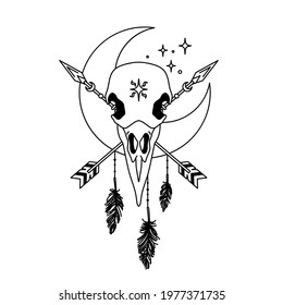 Mystical raven skull. Outline boho totem. Isolated ethnic drawing. Crow and moon sketch. Dream catcher print. Vector illustration