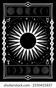 Mystical rectangular composition of the sun, moon and stars