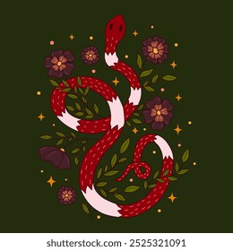 Mystical red snake among flowers, leaves and stars on green background. Colorful stylized trendy vector illustration hand drawn. Dark abstract botanical esoteric poster. Year of the Snake