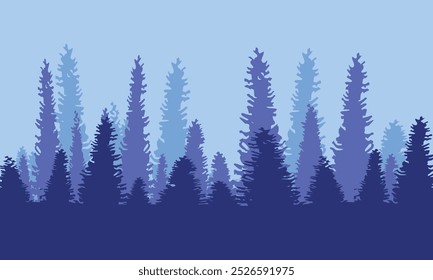 A mystical representation of a forest silhouette in enchanting shades of blue. This artwork features a dreamy landscape of towering trees and gentle hills, creating a serene and ethereal atmosphere. 