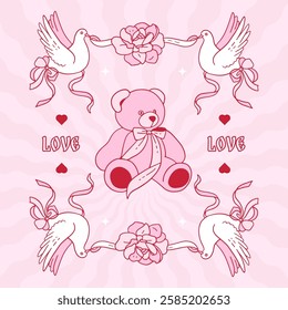 Mystical Retro Pink Square Card with Teddy and doves. Trendy esoteric style. Valentines day. Retro sacred vibe. Girly Tarot card aesthetics. Magic Design elements. Contour vector composition