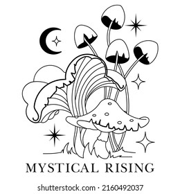 Mystical rising hallucination mushrooms with motivation slogan.Square silhouette line art print for tee, t shirt, t. Floral sacred mushrooms.Magic graphic celestial print with witchy esoteric objects