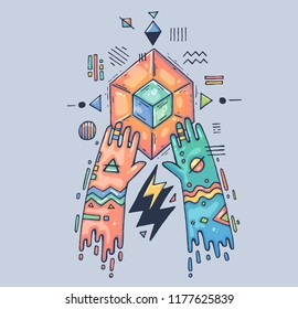 Mystical rite, geometric magic. Hands over the magic crystal. Cartoon illustration for print and web. Character in the modern graphic style. Trendy style.