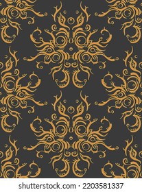 Fantasía mística y romántica, patrón sin fisuras de elegantes líneas doradas sobre el fondo negro. Puede utilizarse como impresión para envolver papel, papel pintado o textiles
