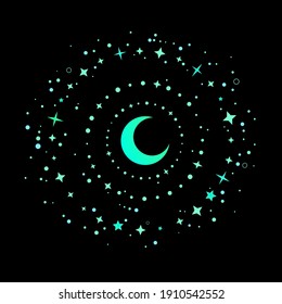 mystical round composition of bright crescent and stars