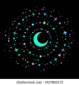 Mystical round composition with bright crescent and stars