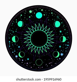 mystical round neon frame with moon and sun