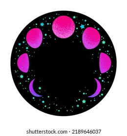 mystical round neon frame with moon phases