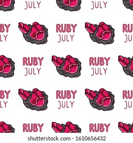 Mystical Ruby July Birth Stone Vector Seamless Pattern. Hand Drawn Birthday Geology Crystal Background. Trendy Magic Mineral Fashion Home Decor. Red Esoteric Typography All Over Print. 