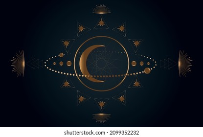 Mystical Sacred geometry. Moon, stars, orbits. Gold Moon magic pagan Wicca  goddess symbol. Alchemy, magic, esoteric, occultism. Vector illustration isolated on black background