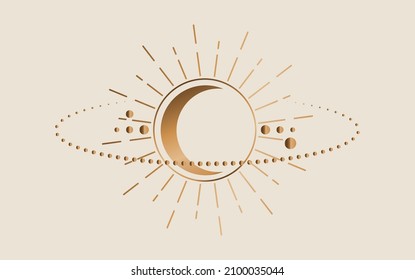 Mystical Sacred geometry. Moon, Sun, orbits. Crescent Moon magic pagan Wicca goddess symbol. Alchemy, magic, esoteric, occultism. Vector gold tattoo illustration isolated on vintage background