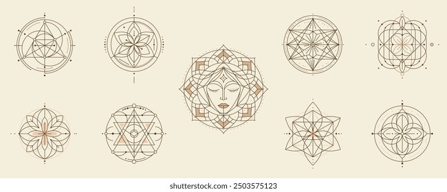 Mystische Symbole der Heiligen Geometrie. Polygonale und geometrische Linienmuster mit Mandalas, Hexagonen, Dreiecken für kreatives, spirituelles und esoterisches Design