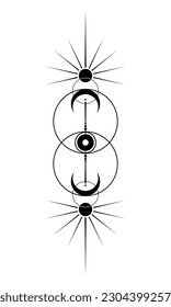 Geometría sagrada mística, Vesica piscis, All Seeing eye, el tercer ojo, sol mágico y luna creciente diosa pagana de la Wiccan y símbolo de dios. Ilustración del signo del vector aislada en fondo blanco