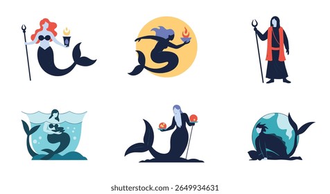 Mystical sea creatures and mythological figures in artistic representations