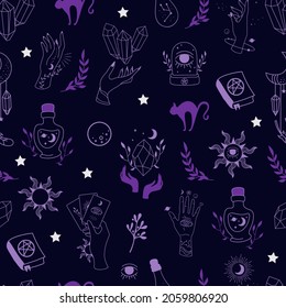 Fondo místico y transparente. Obtenido a mano. Fondo con símbolos esotéricos. Silhouette de manos, planetas, estrellas, cristales. ilustración vectorial. Símbolos estotéricos y brujería. EPS 10