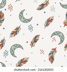 Mystical seamless boho vector pattern. Esoteric moon and star floral background.