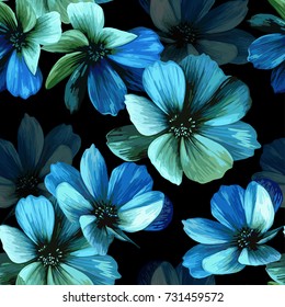 Mystical seamless pattern with beautiful blue flowers on a black background. 