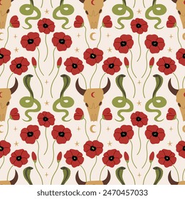 Mystical seamless pattern with bull skull, red flowers and snakes. Vector flat background