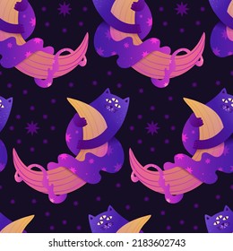 Mystical seamless pattern with cartoon shiny cats. Magic characters of cats with stars. Esoteric neon wallpaper.
Cute cats with wings for printing on fabric. Vector