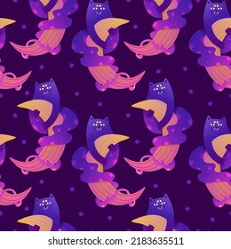 Mystisches nahtloses Muster mit Cartoon glänzenden Katzen. Magische Charaktere von Katzen mit Sternen. Esoterische Neontapete.
Frische Katzen mit Flügeln zum Bedrucken auf Stoff. Vektorgrafik