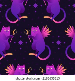 Patrón místico sin fisuras con gatos brillantes de dibujos animados. Personajes mágicos de gatos con estrellas. Papel tapiz de neón esotérico.
Gatos cortos con alas para imprimir en tela. Vector