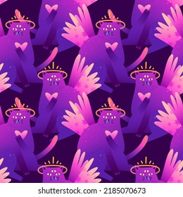 Patrón místico sin fisuras con gatos brillantes de dibujos animados. Personajes mágicos de gatos con estrellas. Papel tapiz de neón esotérico.
Gatos cortos con alas para imprimir en tela. Vector