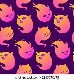 Patrón místico sin fisuras con gatos brillantes de dibujos animados. Personajes mágicos de gatos con estrellas. Papel tapiz de neón esotérico.
Gatos cortos con alas para imprimir en tela. Vector