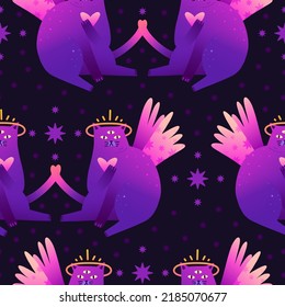 Mystical seamless pattern with cartoon shiny cats. Magic characters of cats with stars. Esoteric neon wallpaper.
Cute cats with wings for printing on fabric. Vector