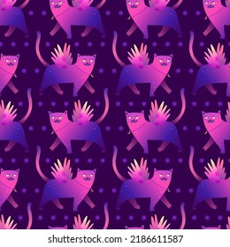 Mystical seamless pattern with cartoon shiny cats. Magic characters of cats with stars. Esoteric neon wallpaper.
Cute cats with wings for printing on fabric. Vector