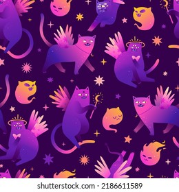 Mystical seamless pattern with cartoon shiny cats. Magic characters of cats with stars. Esoteric neon wallpaper.
Cute cats with wings for printing on fabric. Vector