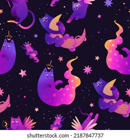 Patrón místico sin fisuras con gatos brillantes de dibujos animados. Personajes mágicos de gatos con estrellas. Papel tapiz de neón esotérico.
Gatos cortos con alas para imprimir en tela. Vector