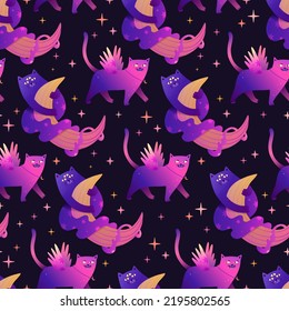 Patrón místico sin fisuras con gatos brillantes de dibujos animados. Personajes mágicos de gatos con estrellas. Papel tapiz de neón esotérico.
Gatos cortos con alas para imprimir en tela. Vector