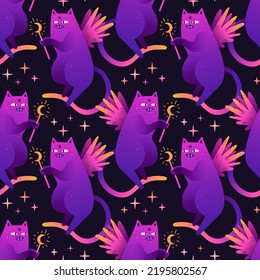 Mystical seamless pattern with cartoon shiny cats. Magic characters of cats with stars. Esoteric neon wallpaper.
Cute cats with wings for printing on fabric. Vector