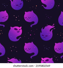 Patrón místico sin fisuras con gatos brillantes de dibujos animados. Personajes mágicos de gatos con estrellas. Papel tapiz de neón esotérico.
Gatos cortos con alas para imprimir en tela. Vector
