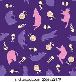 Mystical seamless pattern of cats in boho style, silhouette collection. Esotericism and mysticism, occultism. Cartoon flat vector illustrations, isolated