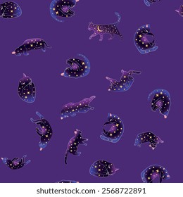 Mystical seamless pattern of cats in boho style, silhouette collection. Witchcraft and magic. Esotericism and mysticism, occultism. Cartoon flat vector illustrations, isolated