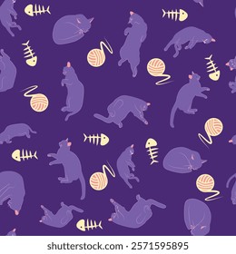 Mystical seamless pattern of cats in boho style, silhouette collection. Esotericism and mysticism, occultism. Cartoon flat vector illustrations, isolated