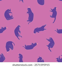 Mystical seamless pattern of cats in boho style, silhouette collection. Witchcraft and magic. Esotericism and mysticism, occultism. Cartoon flat vector illustrations, isolated