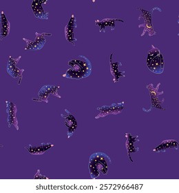 Mystical seamless pattern of cats in boho style, silhouette collection. Witchcraft and magic. Esotericism and mysticism, occultism. Cartoon flat vector illustrations, isolated