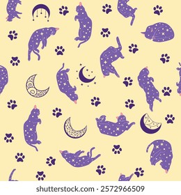 Mystical seamless pattern of cats in boho style, silhouette collection. Esotericism and mysticism, occultism. Cartoon flat vector illustrations, isolated
