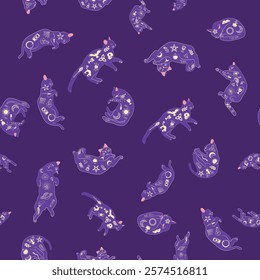 Mystical seamless pattern of cats in boho style, silhouette collection. Witchcraft and magic. Esotericism and mysticism, occultism. Cartoon flat vector illustrations, isolated