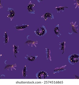 Mystical seamless pattern of cats in boho style, silhouette collection. Witchcraft and magic. Esotericism and mysticism, occultism. Cartoon flat vector illustrations, isolated