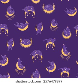 Mystical seamless pattern of cats in boho style, silhouette collection. Witchcraft and magic. Esotericism and mysticism, occultism. Cartoon flat vector illustrations, isolated