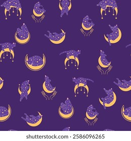 Mystical seamless pattern of cats in boho style, silhouette collection. Witchcraft and magic. Esotericism and mysticism, occultism. Cartoon flat vector illustrations, isolated