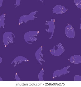 Mystical seamless pattern of cats in boho style, silhouette collection. Witchcraft and magic. Esotericism and mysticism, occultism. Cartoon flat vector illustrations, isolated