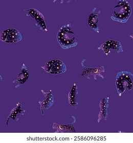 Mystical seamless pattern of cats in boho style, silhouette collection. Witchcraft and magic. Esotericism and mysticism, occultism. Cartoon flat vector illustrations, isolated